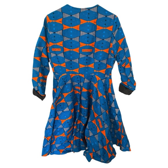 Vibrant Blue and Orange Trench Coat with Geometric Design - Picture 2 of 4